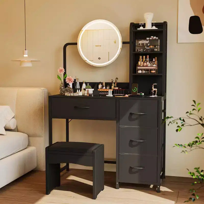 Small Vanity Desk with Lighted Mirror - Modern Black Dressing Table with 4 Drawers & Power Outlet for Bedroom