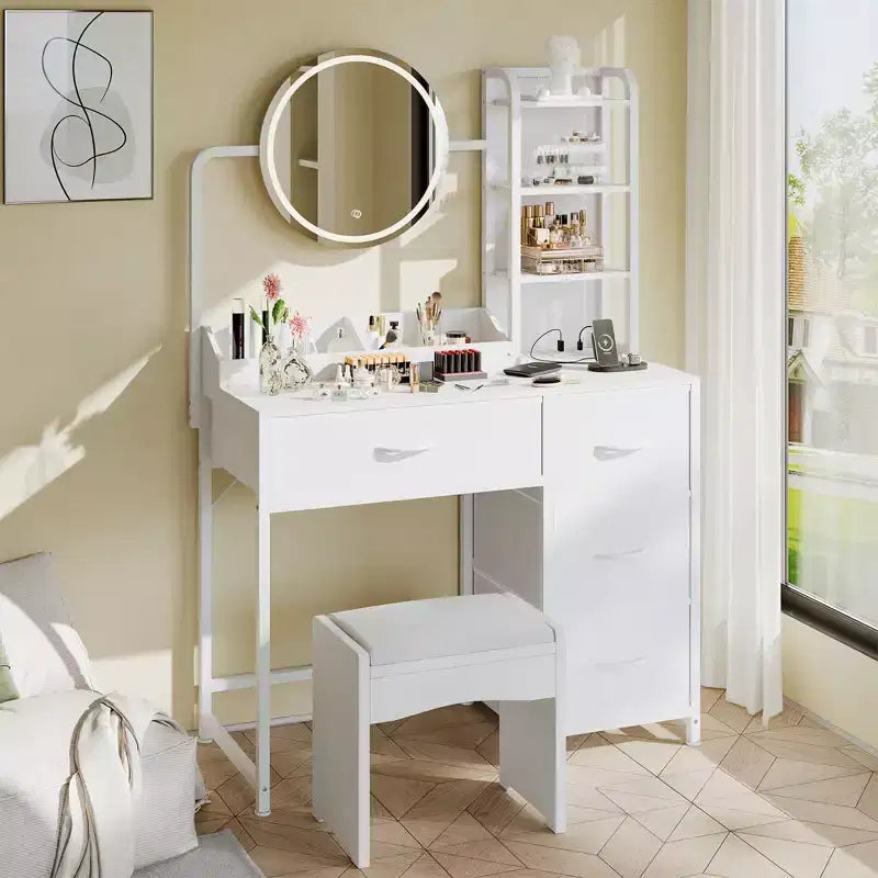 Small Vanity Desk with Lighted Mirror - Modern Black Dressing Table with 4 Drawers & Power Outlet for Bedroom
