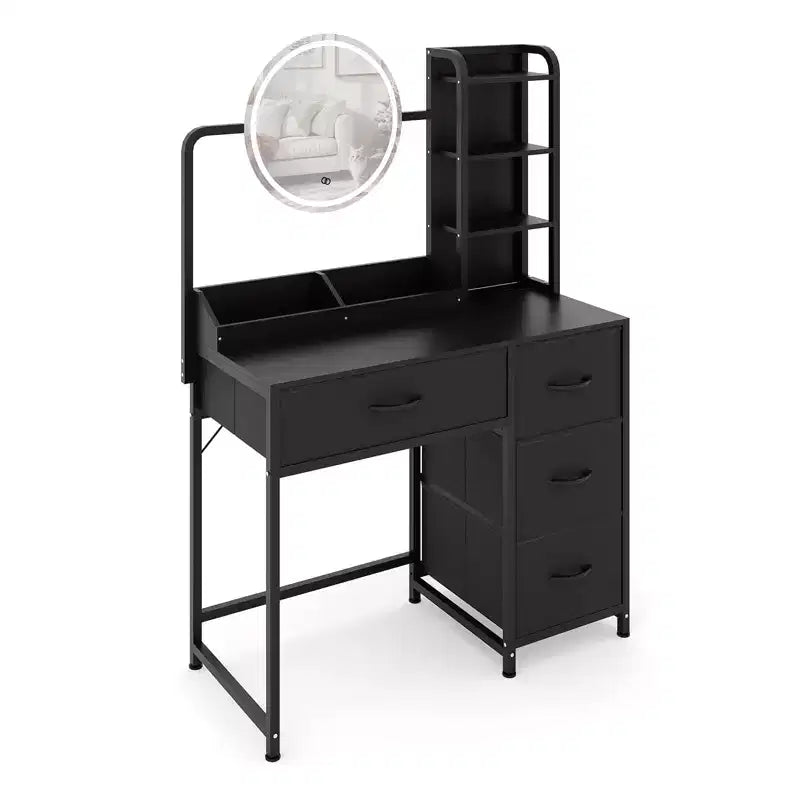 Small Vanity Desk with Lighted Mirror - Modern Black Dressing Table with 4 Drawers & Power Outlet for Bedroom