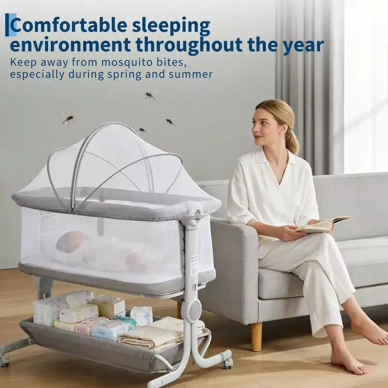 Portable 3-in-1 Baby Bassinet Bedside Sleeper with Wheels, 6-Height Adjustable Infant Travel Crib with Mosquito Net, Mesh Sides & Storage Basket