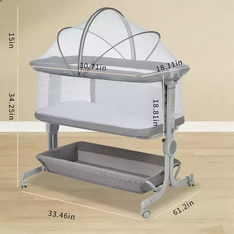 Portable 3-in-1 Baby Bassinet Bedside Sleeper with Wheels, 6-Height Adjustable Infant Travel Crib with Mosquito Net, Mesh Sides & Storage Basket