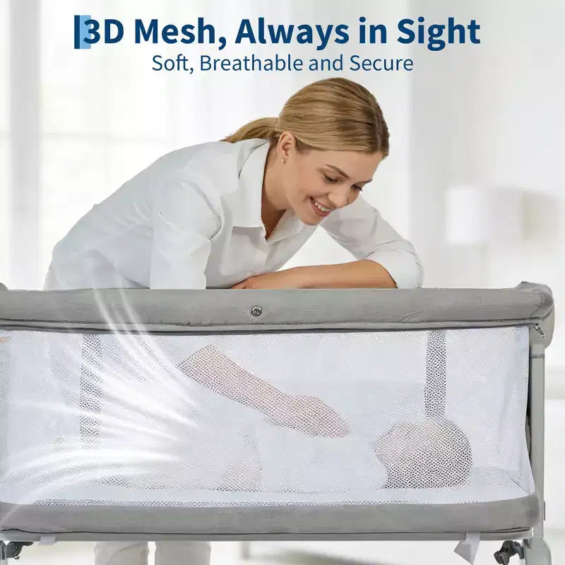 Portable 3-in-1 Baby Bassinet Bedside Sleeper with Wheels, 6-Height Adjustable Infant Travel Crib with Mosquito Net, Mesh Sides & Storage Basket