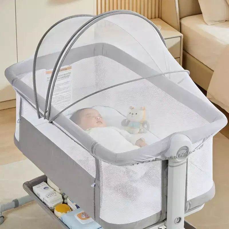Portable 3-in-1 Baby Bassinet Bedside Sleeper with Wheels, 6-Height Adjustable Infant Travel Crib with Mosquito Net, Mesh Sides & Storage Basket