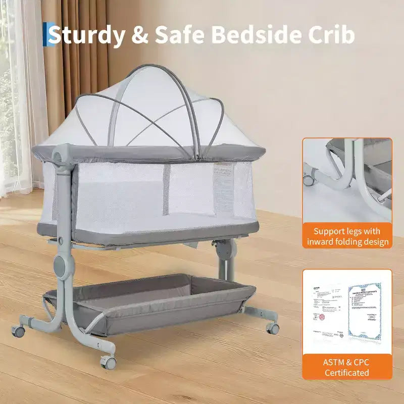 Portable 3-in-1 Baby Bassinet Bedside Sleeper with Wheels, 6-Height Adjustable Infant Travel Crib with Mosquito Net, Mesh Sides & Storage Basket