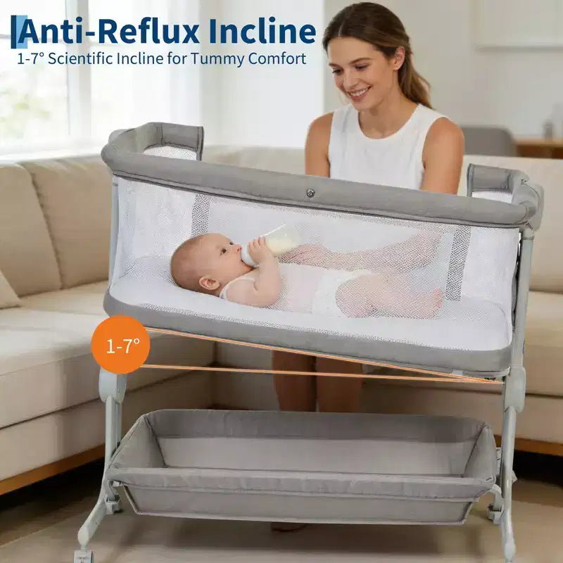 Portable 3-in-1 Baby Bassinet Bedside Sleeper with Wheels, 6-Height Adjustable Infant Travel Crib with Mosquito Net, Mesh Sides & Storage Basket