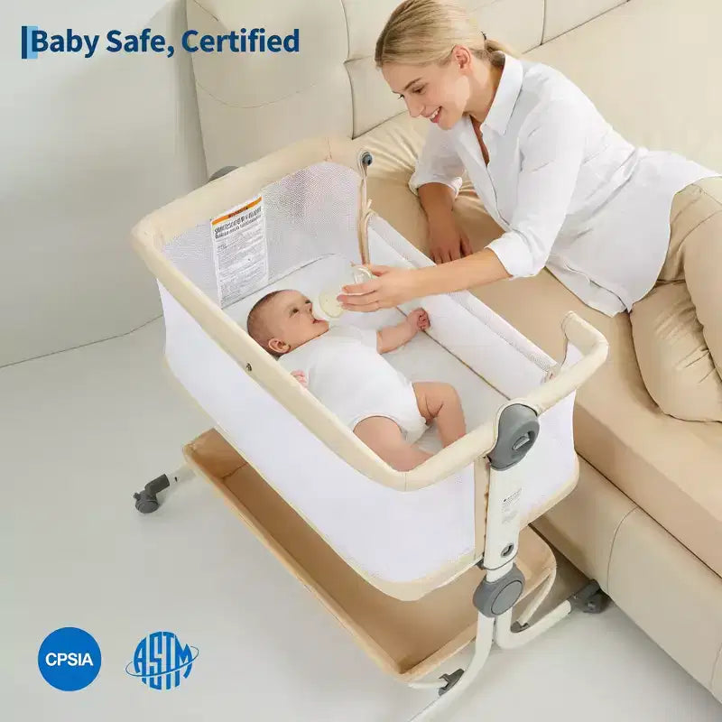 Portable 3-in-1 Baby Bassinet Bedside Sleeper with Wheels, 6-Height Adjustable Infant Travel Crib with Mosquito Net, Mesh Sides & Storage Basket