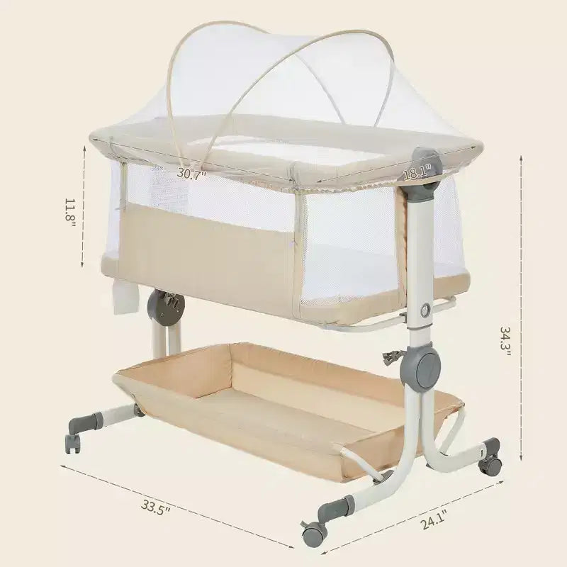 Portable 3-in-1 Baby Bassinet Bedside Sleeper with Wheels, 6-Height Adjustable Infant Travel Crib with Mosquito Net, Mesh Sides & Storage Basket