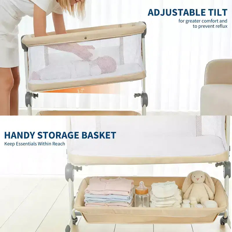 Portable 3-in-1 Baby Bassinet Bedside Sleeper with Wheels, 6-Height Adjustable Infant Travel Crib with Mosquito Net, Mesh Sides & Storage Basket