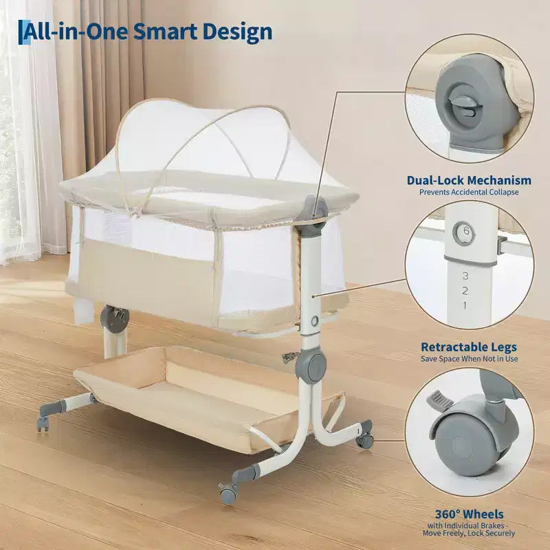 Portable 3-in-1 Baby Bassinet Bedside Sleeper with Wheels, 6-Height Adjustable Infant Travel Crib with Mosquito Net, Mesh Sides & Storage Basket