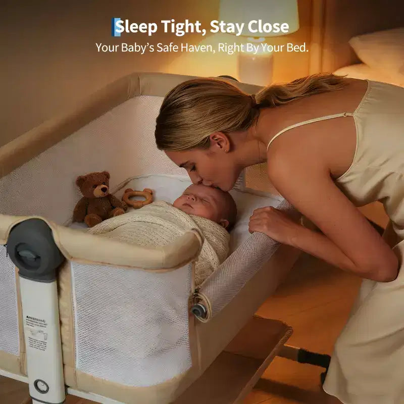 Portable 3-in-1 Baby Bassinet Bedside Sleeper with Wheels, 6-Height Adjustable Infant Travel Crib with Mosquito Net, Mesh Sides & Storage Basket