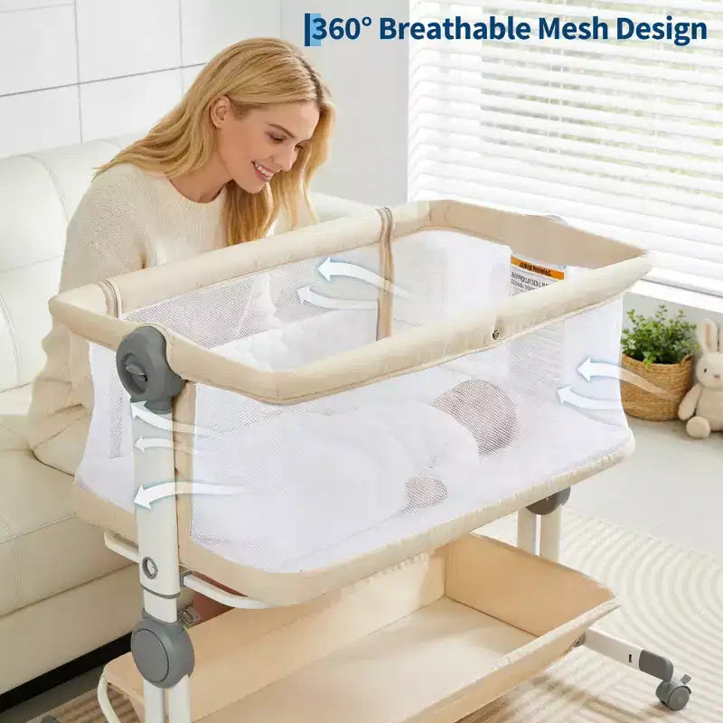 Portable 3-in-1 Baby Bassinet Bedside Sleeper with Wheels, 6-Height Adjustable Infant Travel Crib with Mosquito Net, Mesh Sides & Storage Basket
