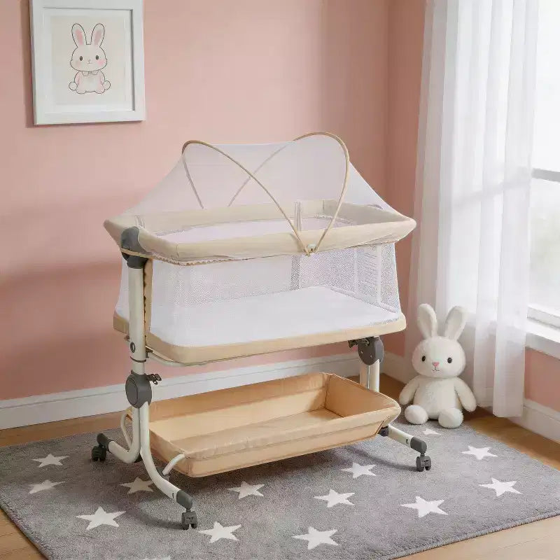 Portable 3-in-1 Baby Bassinet Bedside Sleeper with Wheels, 6-Height Adjustable Infant Travel Crib with Mosquito Net, Mesh Sides & Storage Basket