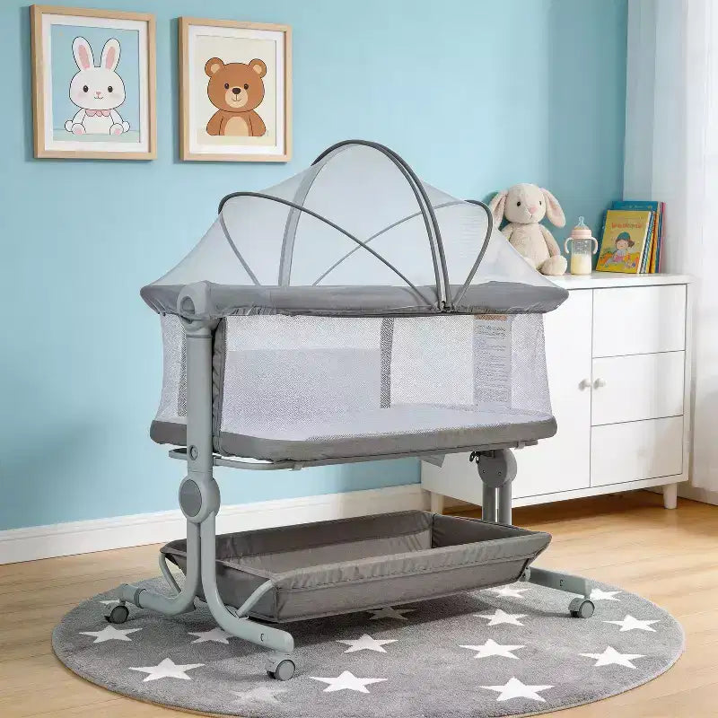 Portable 3-in-1 Baby Bassinet Bedside Sleeper with Wheels, 6-Height Adjustable Infant Travel Crib with Mosquito Net, Mesh Sides & Storage Basket