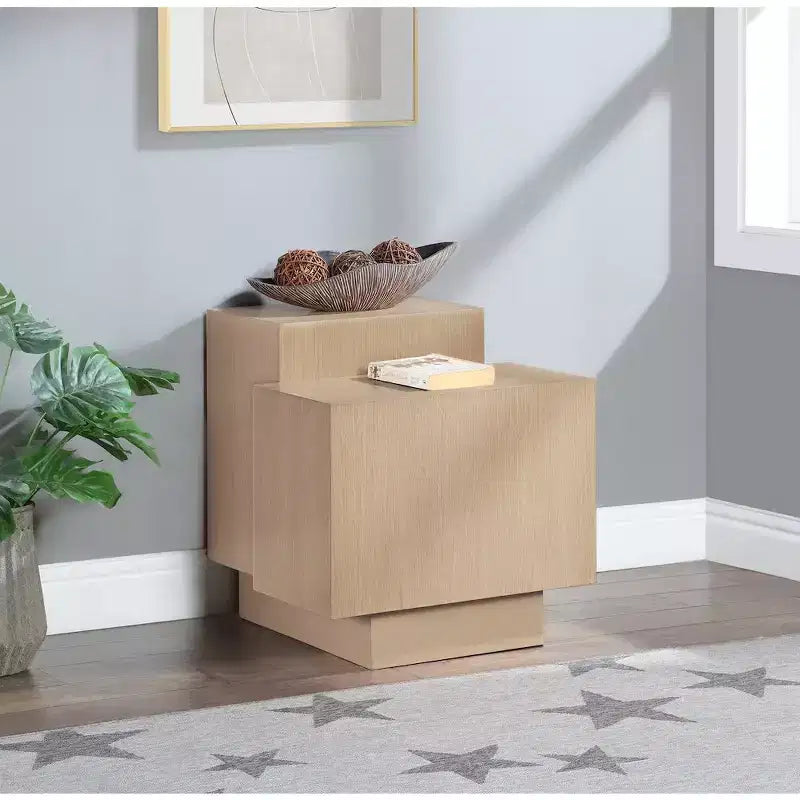 Mateo Natural Oak End Table – Art Deco Design, Oak Veneer, Multi-Level Surface