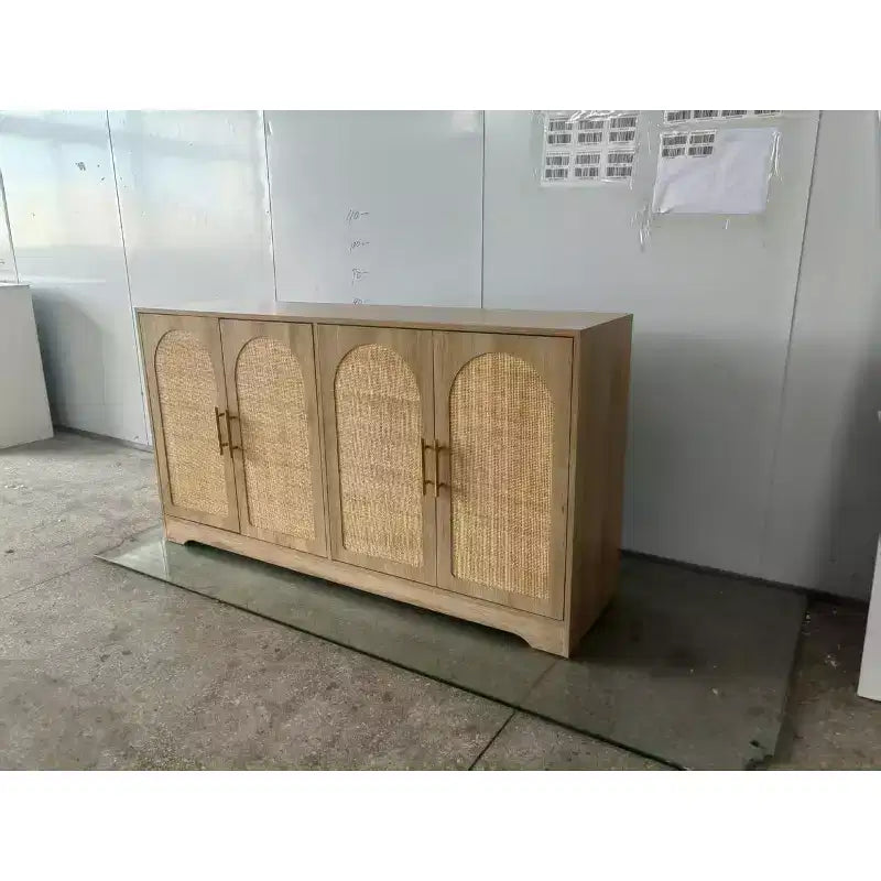 Modern rattan sideboard/buffet cabinet  59-inch storage/control console with 4 doors, fixed shelves, metal handles, and a decorative coffee bar.