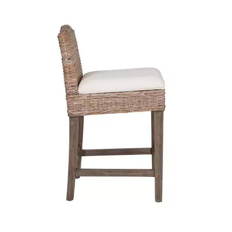 Tabouret de bar en rotin hauteur comptoir avec assise rembourrée et piètement en bois – Coton écru