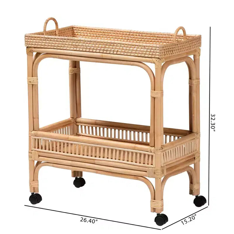 Dessert de vin en rotin brun naturel – Chariot de bar intérieur, aucun assemblage requis
