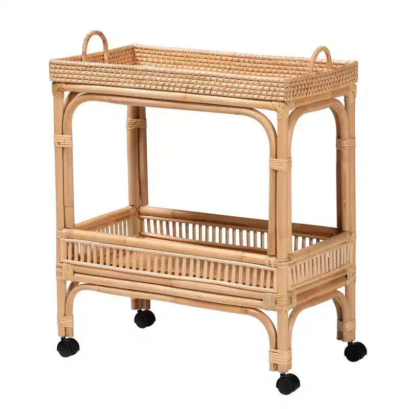 Dessert de vin en rotin brun naturel – Chariot de bar intérieur, aucun assemblage requis