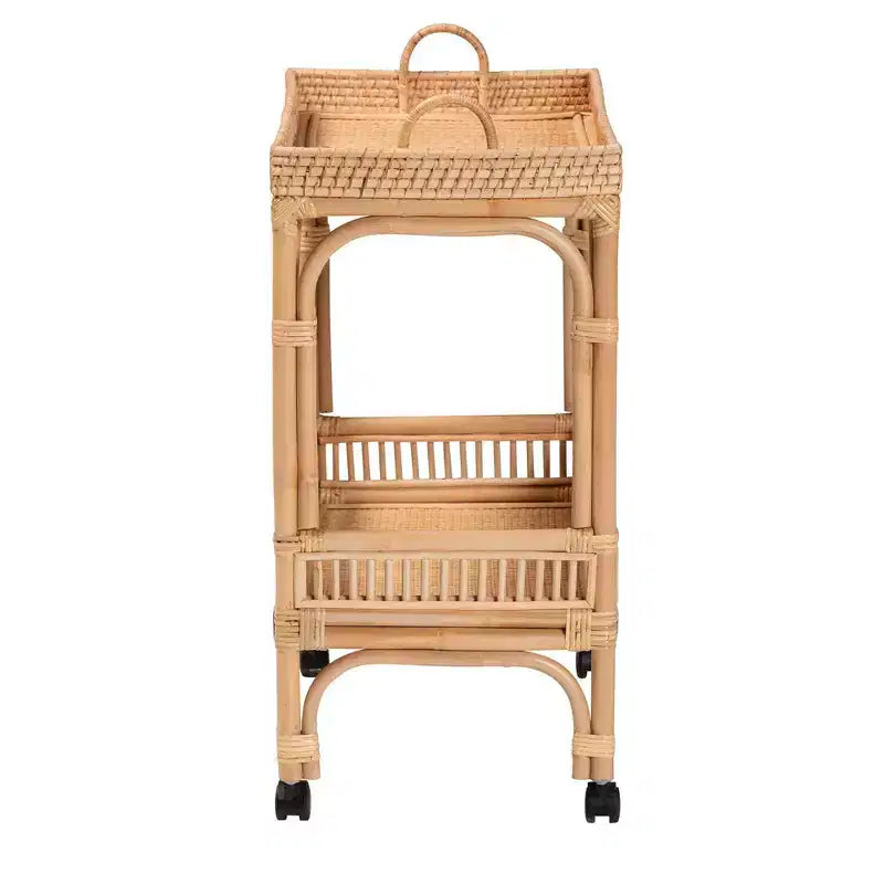 Dessert de vin en rotin brun naturel – Chariot de bar intérieur, aucun assemblage requis