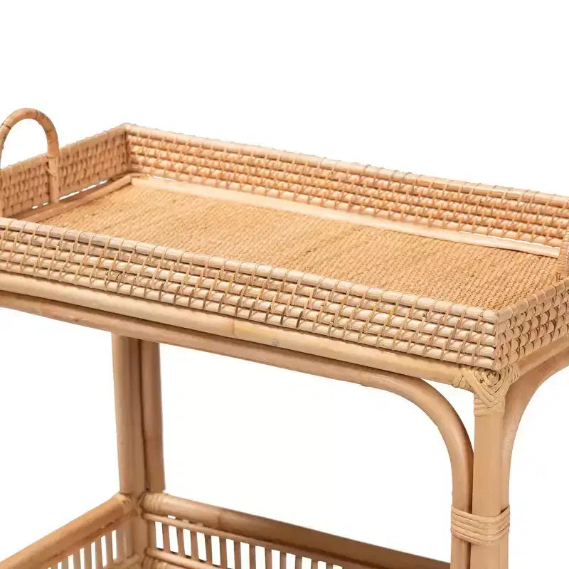 Dessert de vin en rotin brun naturel – Chariot de bar intérieur, aucun assemblage requis