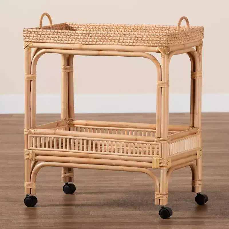 Dessert de vin en rotin brun naturel – Chariot de bar intérieur, aucun assemblage requis