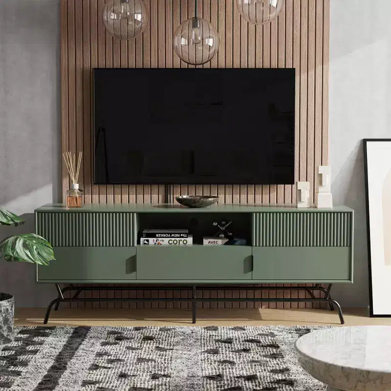 Meuble TV moderne à 3 tiroirs pour téléviseurs jusqu'à 65 po avec placard, vert sauge