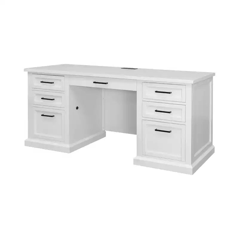 Crédence-bureau moderne en bois – Style exécutif, panneaux à rainures et languettes, ports USB