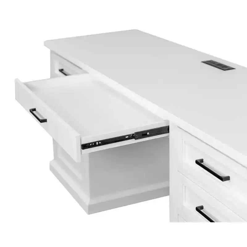 Crédence-bureau moderne en bois – Style exécutif, panneaux à rainures et languettes, ports USB