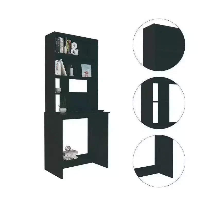 Bureau d'ordinateur noir moderne – Résistant aux rayures, étagère de rangement ouverte, stratifié bois