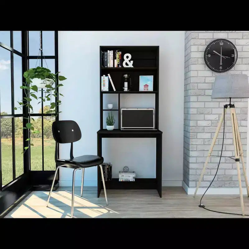 Bureau d'ordinateur noir moderne – Résistant aux rayures, étagère de rangement ouverte, stratifié bois