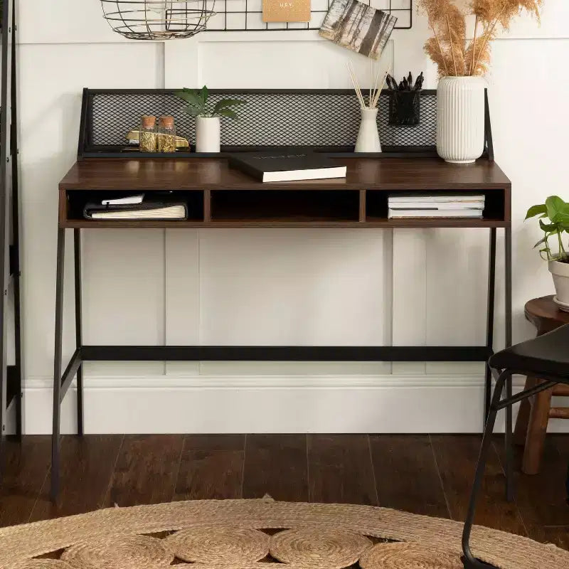 Urban Industrial 3-Cubby Writing Desk – Dark Walnut, Cord Management, Mesh Back