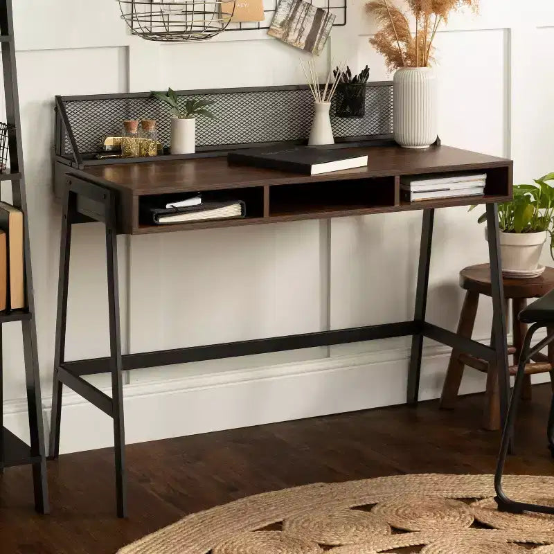Urban Industrial 3-Cubby Writing Desk – Dark Walnut, Cord Management, Mesh Back