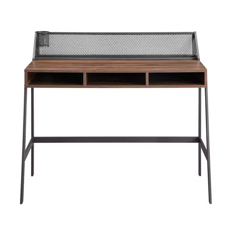 Urban Industrial 3-Cubby Writing Desk – Dark Walnut, Cord Management, Mesh Back