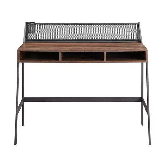 Urban Industrial 3-Cubby Writing Desk – Dark Walnut, Cord Management, Mesh Back