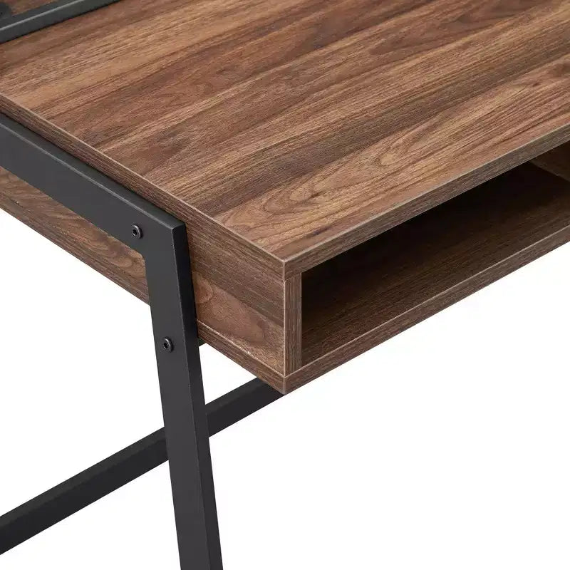 Urban Industrial 3-Cubby Writing Desk – Dark Walnut, Cord Management, Mesh Back
