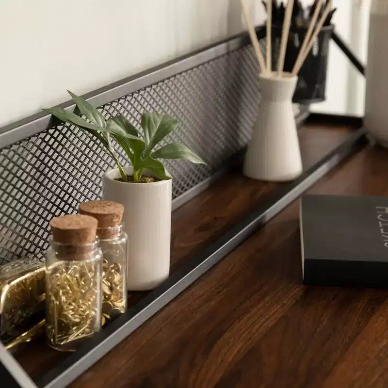 Urban Industrial 3-Cubby Writing Desk – Dark Walnut, Cord Management, Mesh Back