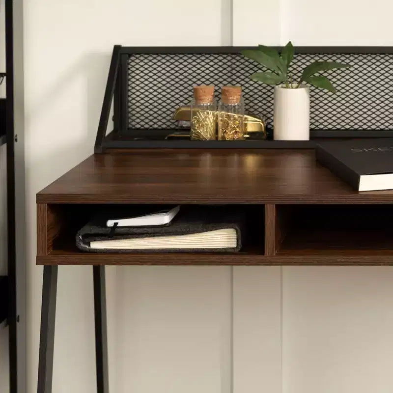 Urban Industrial 3-Cubby Writing Desk – Dark Walnut, Cord Management, Mesh Back