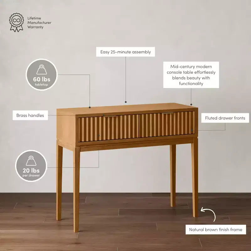 Console 2 tiroirs cannelée – Pieds fuselés, poignées en laiton, style moderne du milieu du siècle