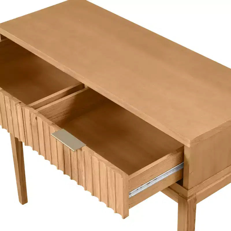 Console 2 tiroirs cannelée – Pieds fuselés, poignées en laiton, style moderne du milieu du siècle