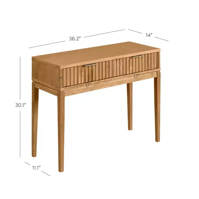 Console 2 tiroirs cannelée – Pieds fuselés, poignées en laiton, style moderne du milieu du siècle