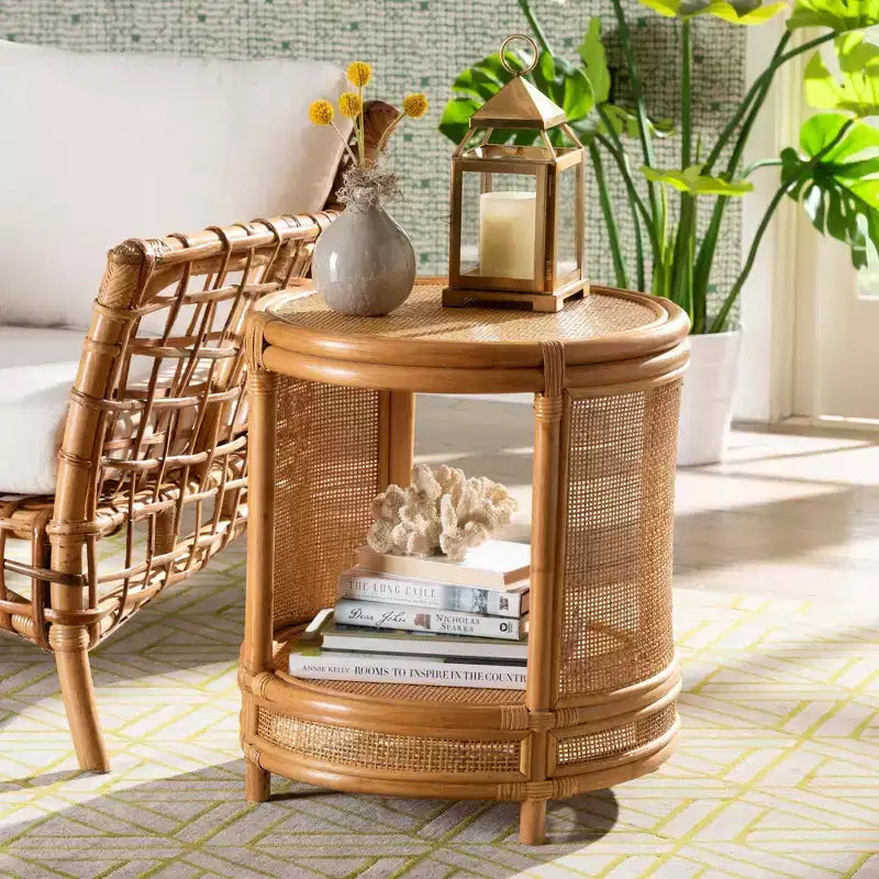 Table d'appoint ronde en rotin couleur miel clair – Aucun assemblage requis