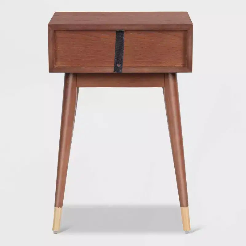 Sutton Mid-Century Modern Side Table – Walnut Brown, Brass Accents, Single Drawer