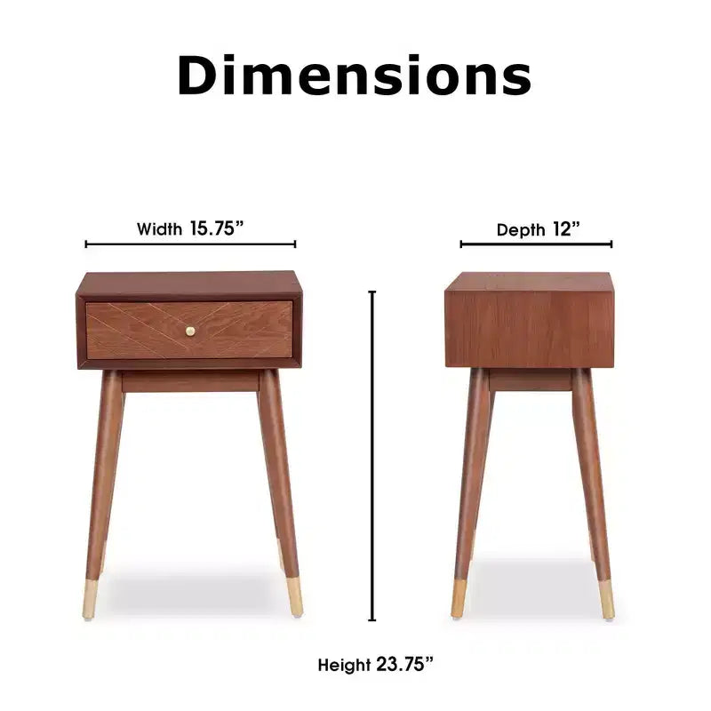 Sutton Mid-Century Modern Side Table – Walnut Brown, Brass Accents, Single Drawer