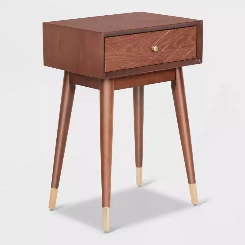 Sutton Mid-Century Modern Side Table – Walnut Brown, Brass Accents, Single Drawer