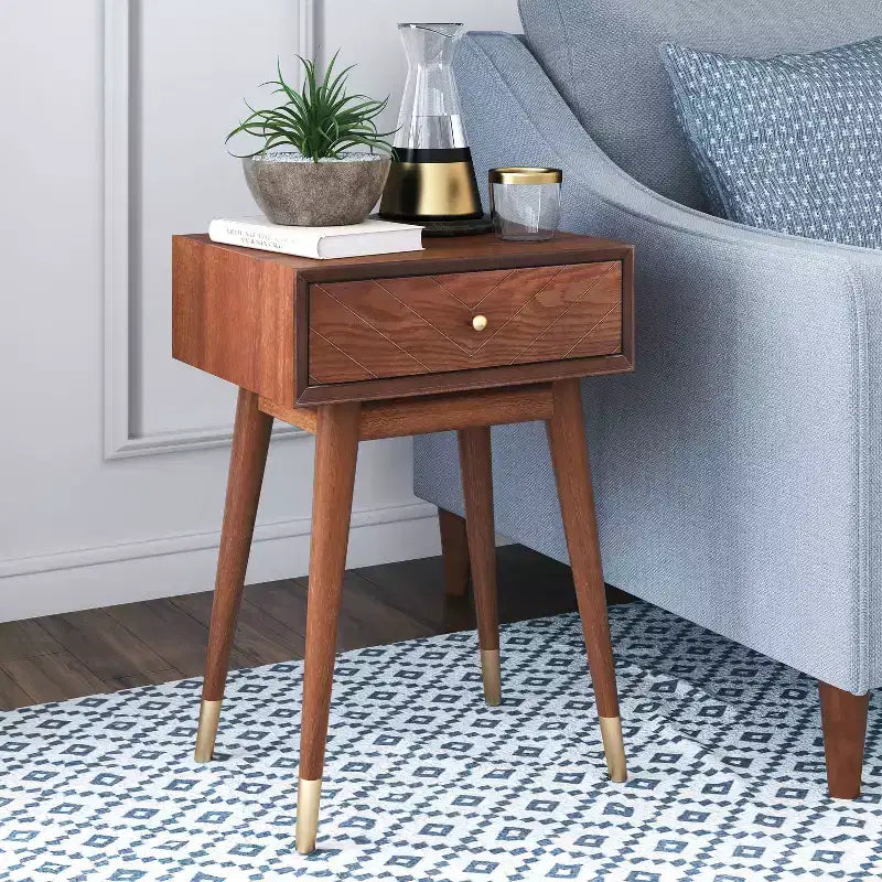 Sutton Mid-Century Modern Side Table – Walnut Brown, Brass Accents, Single Drawer