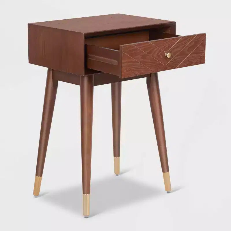 Sutton Mid-Century Modern Side Table – Walnut Brown, Brass Accents, Single Drawer