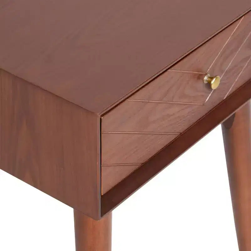 Sutton Mid-Century Modern Side Table – Walnut Brown, Brass Accents, Single Drawer