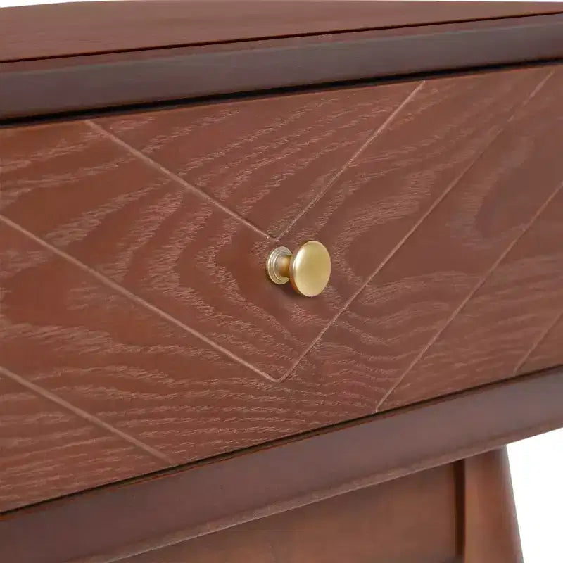 Sutton Mid-Century Modern Side Table – Walnut Brown, Brass Accents, Single Drawer