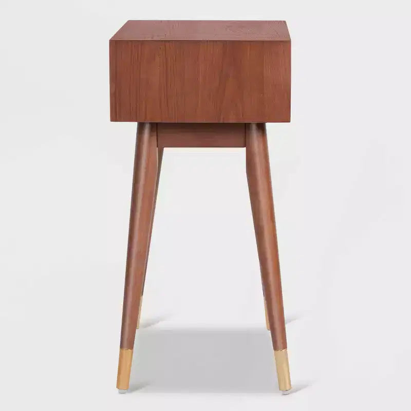 Sutton Mid-Century Modern Side Table – Walnut Brown, Brass Accents, Single Drawer