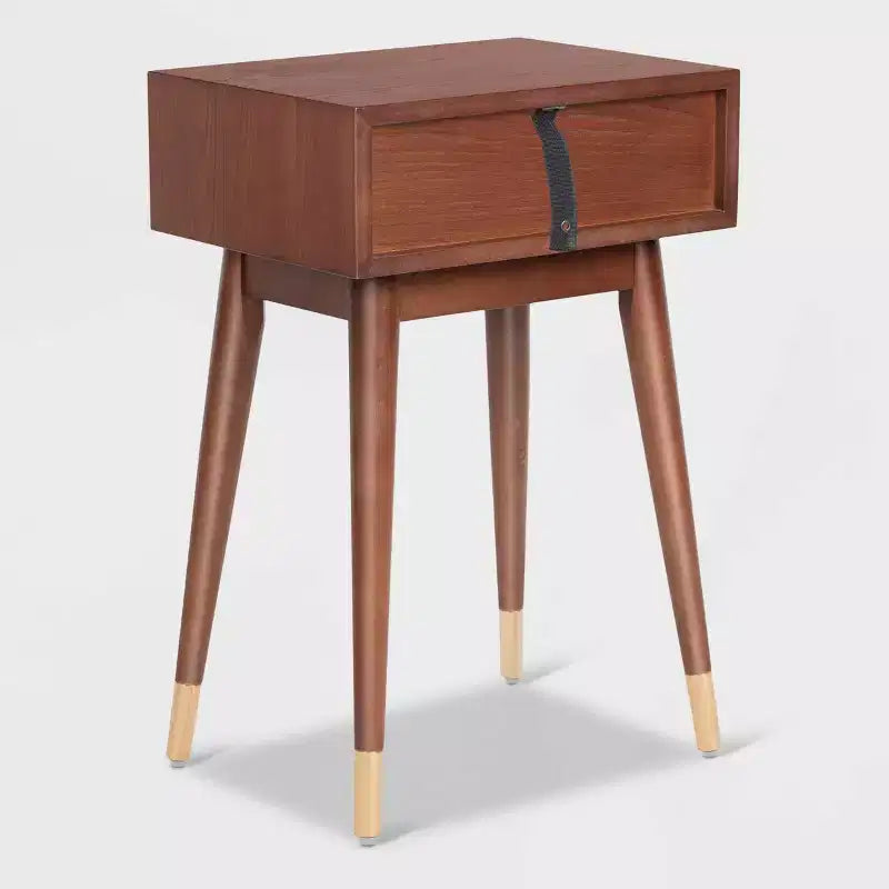 Sutton Mid-Century Modern Side Table – Walnut Brown, Brass Accents, Single Drawer